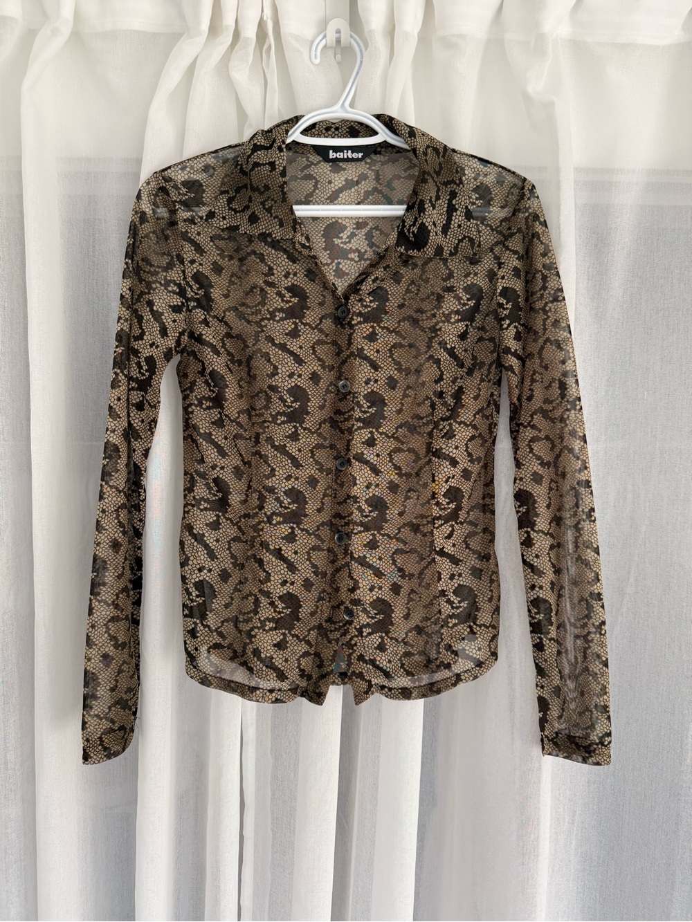 Snake-Print Mesh Button-Down Shirt